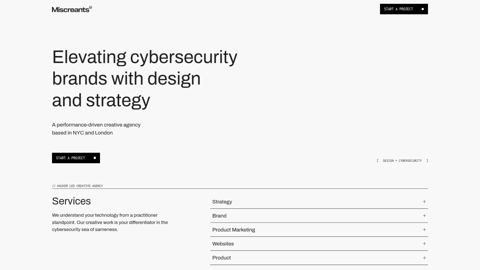 Screenshot of the Miscreants creative agency homepage